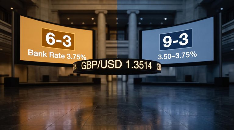 BoE 6-3 vs Fed 9-3 vote split screens with GBP/USD 1.3514 divergence ticker — monetary policy analysis