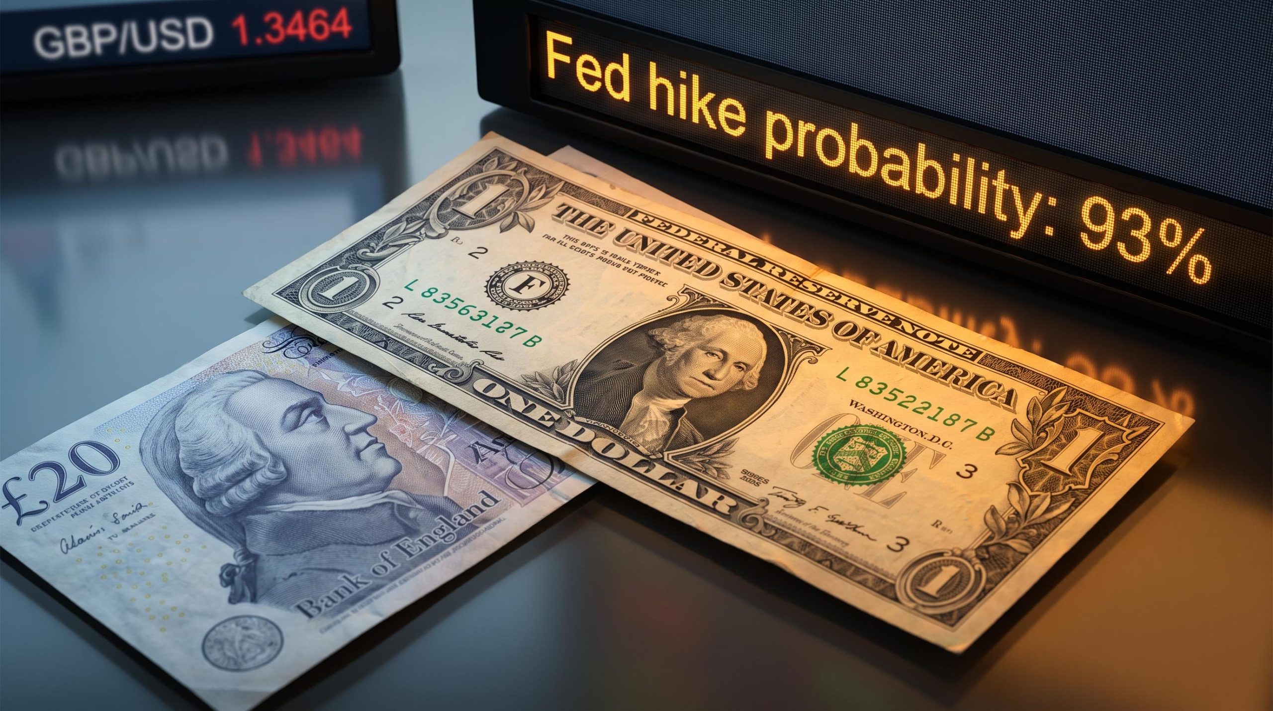 GBP/USD monetary policy divergence: pound note receding against dollar with 93% Fed hike probability on trading screen