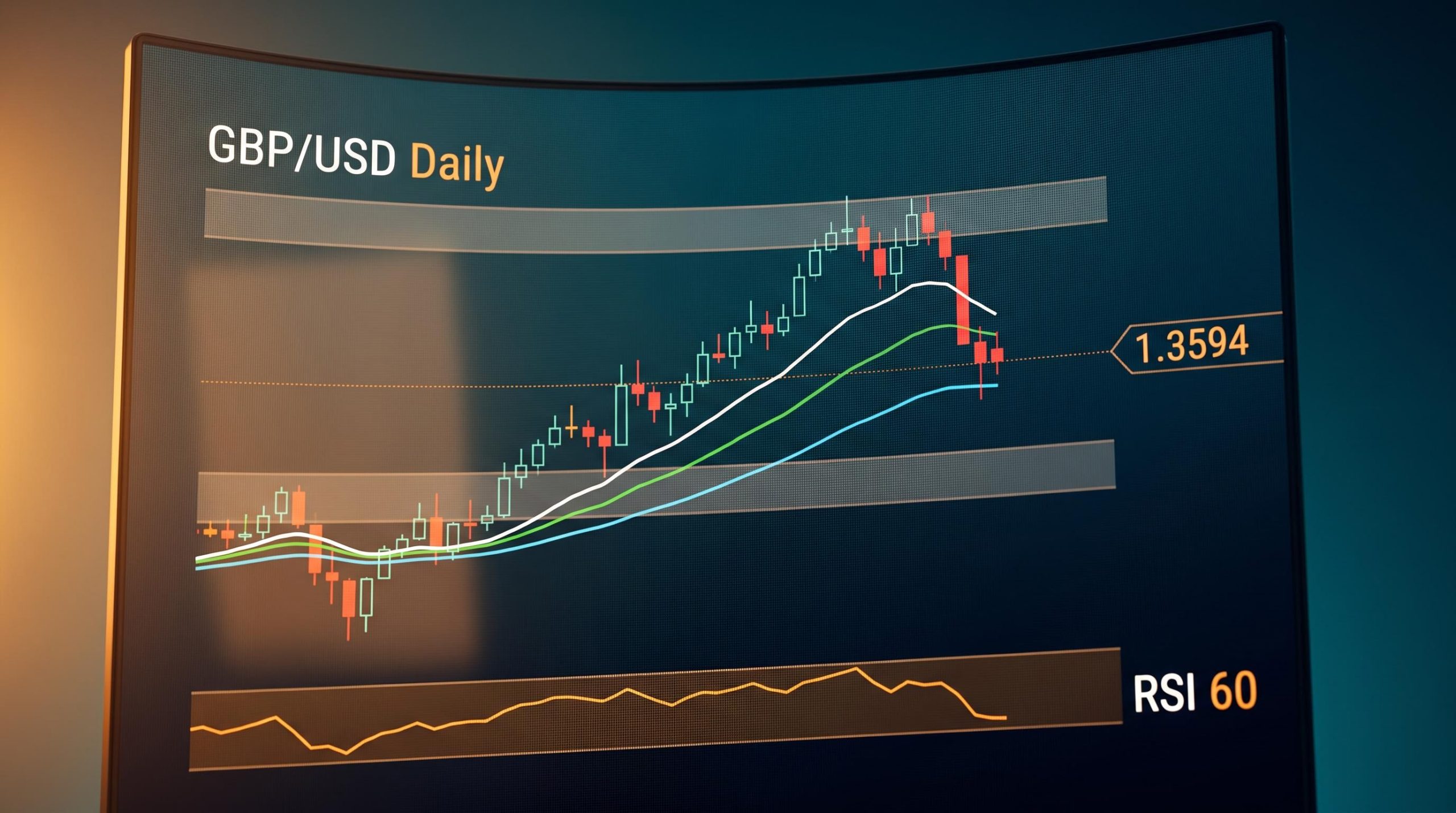 GBP/USD daily chart showing 1.3594 price and RSI near 60 — framework for reading pullbacks vs trend reversals