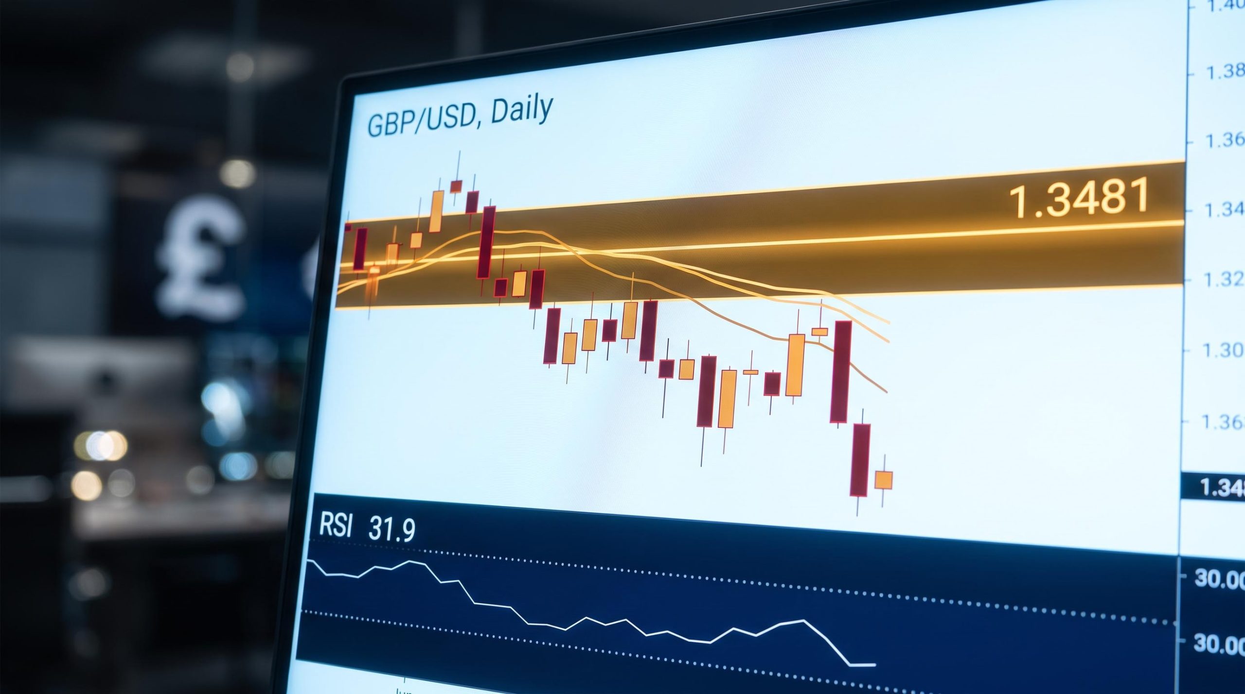 GBP/USD daily chart showing RSI at 31.9 below a dense 1.3481 moving average resistance cluster