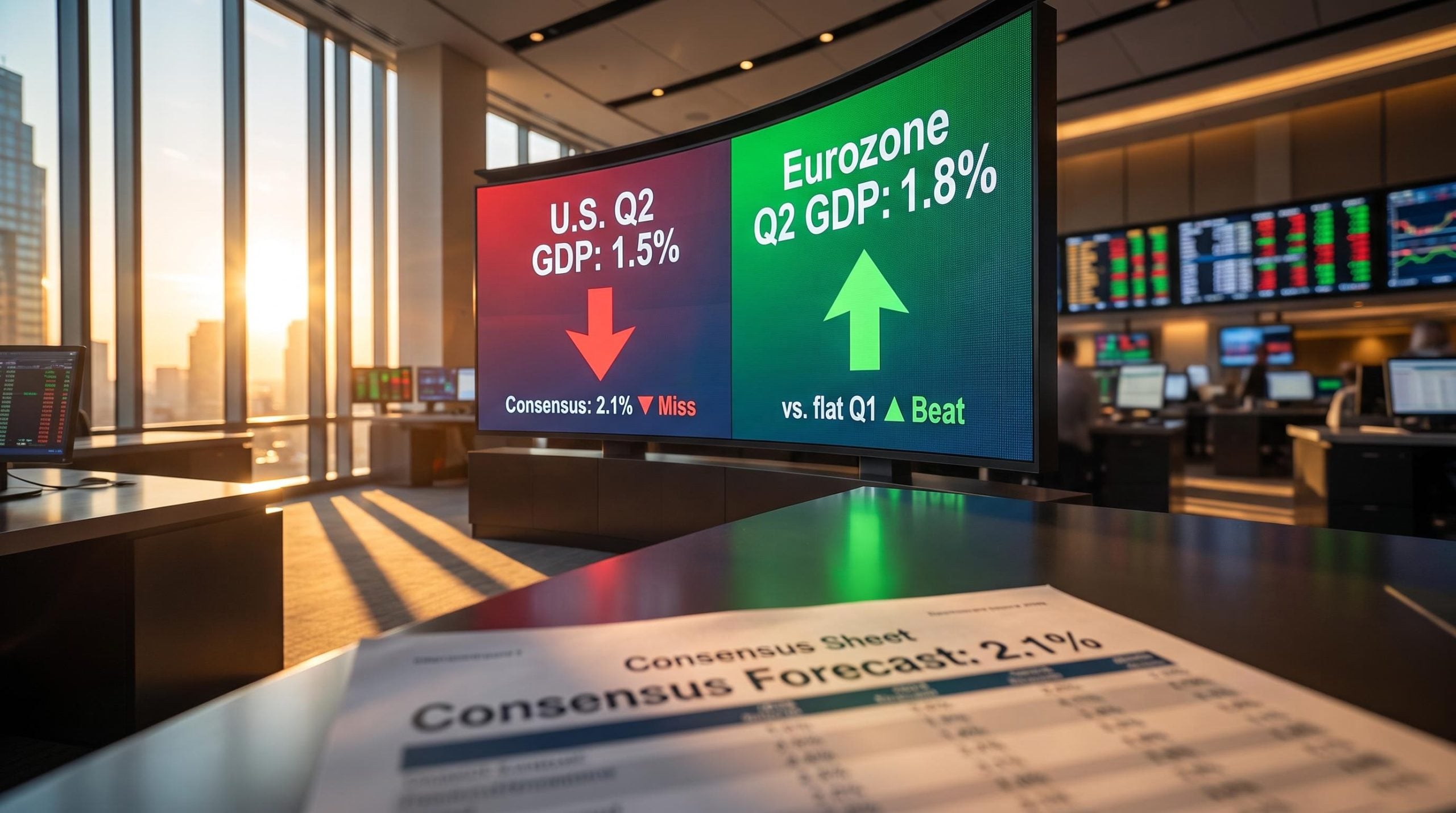 Trading floor screens showing U.S. Q2 GDP 1.5% miss vs eurozone 1.8% beat — GDP and stock market expectations gap