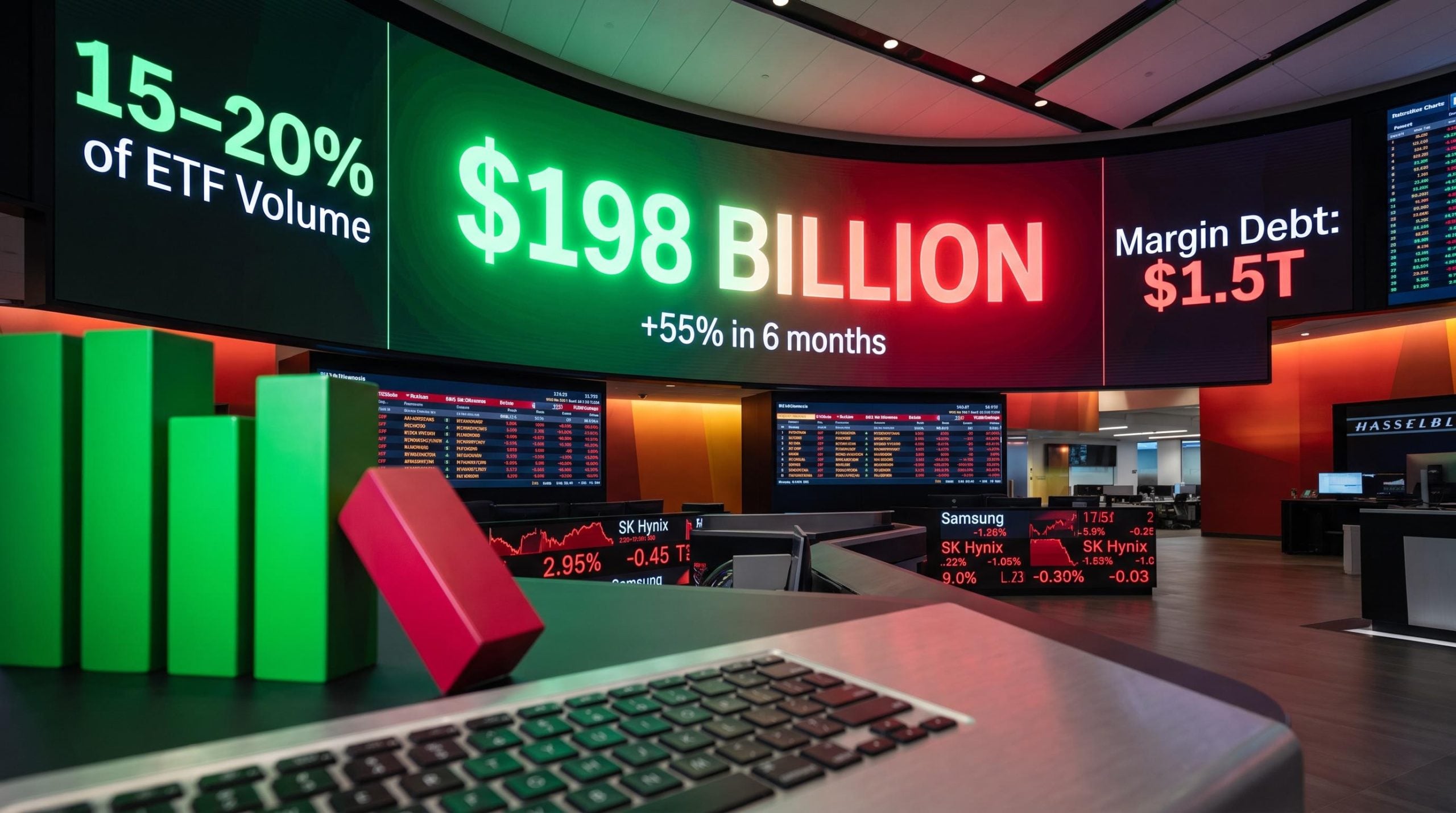 Leveraged ETF trading screens show $198 billion AUM and margin debt $1.5T as geared ETF risks reach systemic scale
