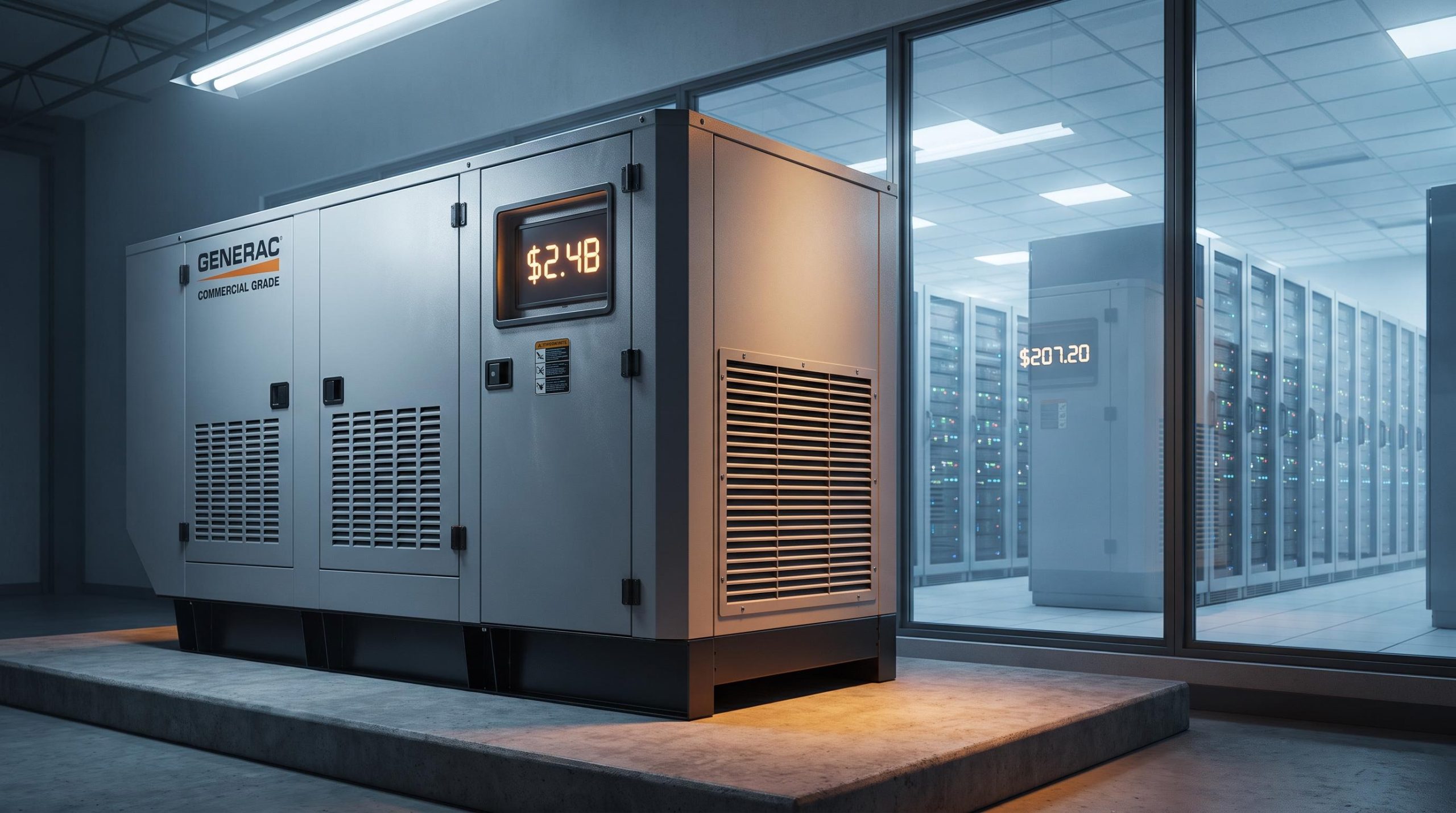 Generac industrial generator outside an AI data centre with $2.4B committed Amazon order figure on control panel