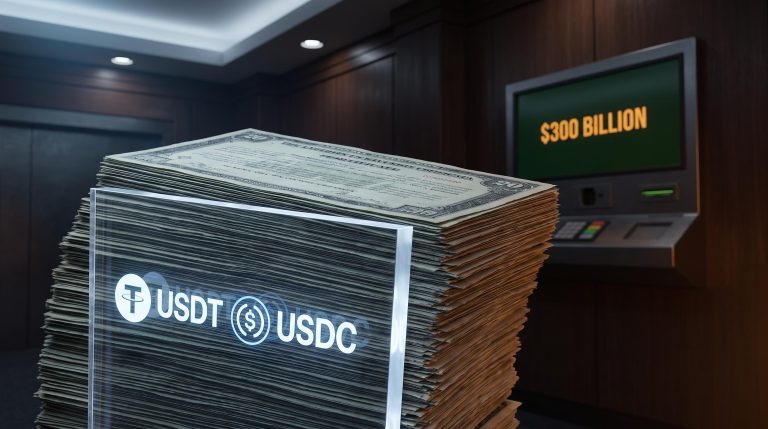 US Treasury bills stacked against stablecoin token symbols, representing GENIUS Act $300B reserve mandate demand channel