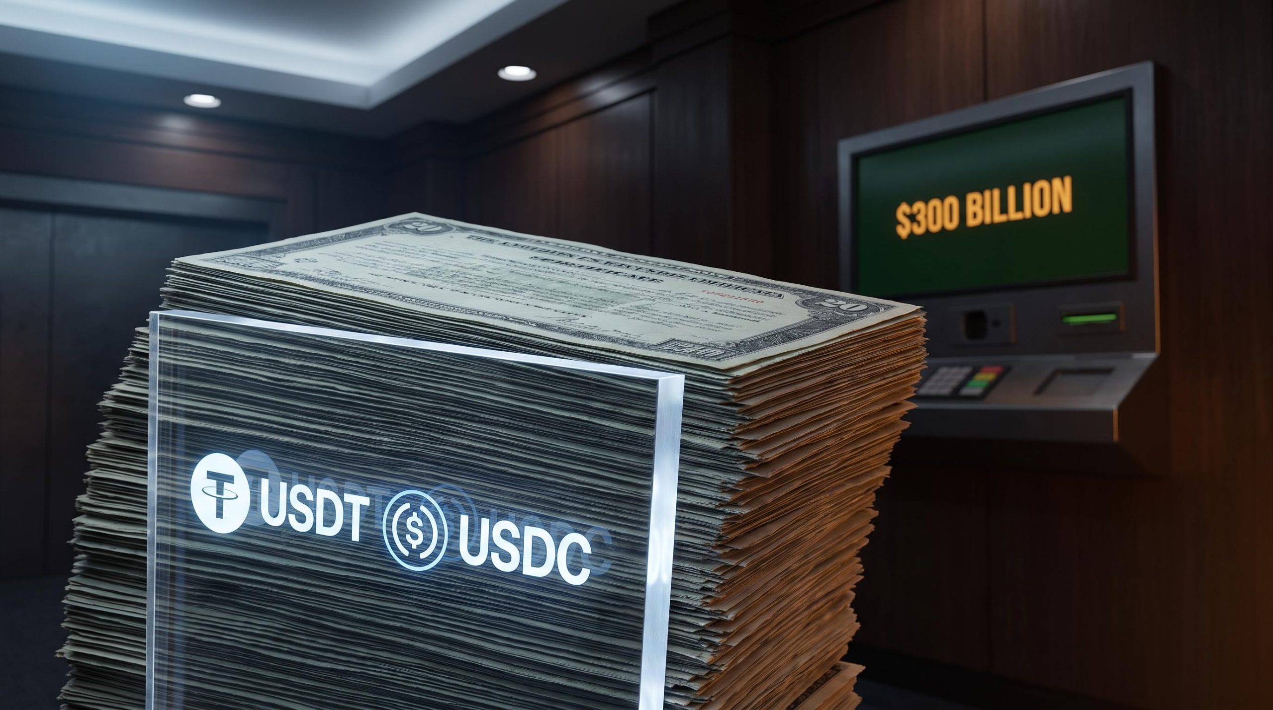 US Treasury bills stacked against stablecoin token symbols, representing GENIUS Act $300B reserve mandate demand channel