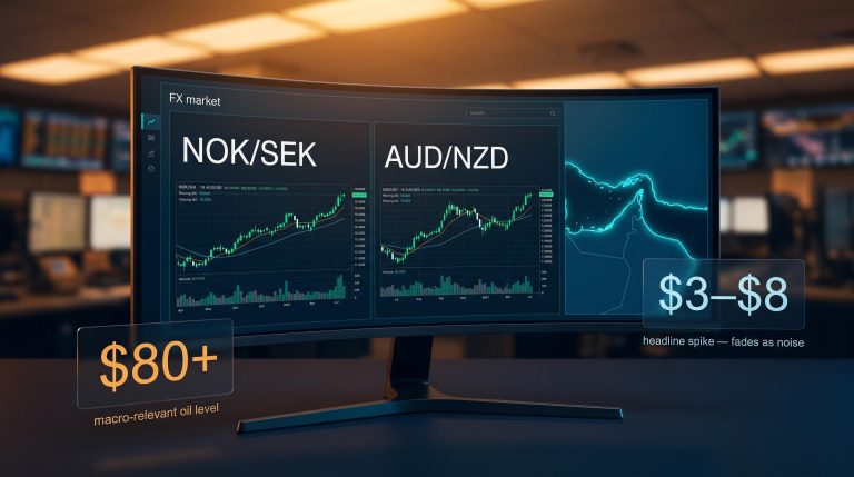 FX trading screen showing NOK/SEK and AUD/NZD pairs with Gulf region map overlay and oil threshold data panels