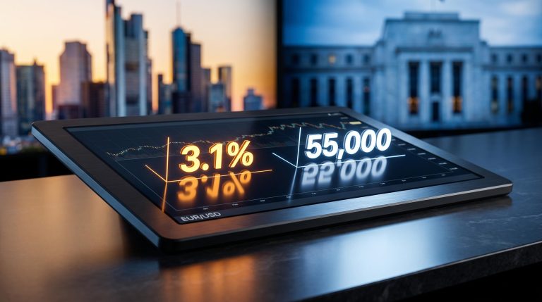 Live trading terminal displaying Germany 3.1% inflation and US 55,000 jobs data as Frankfurt and Fed skylines blur behind