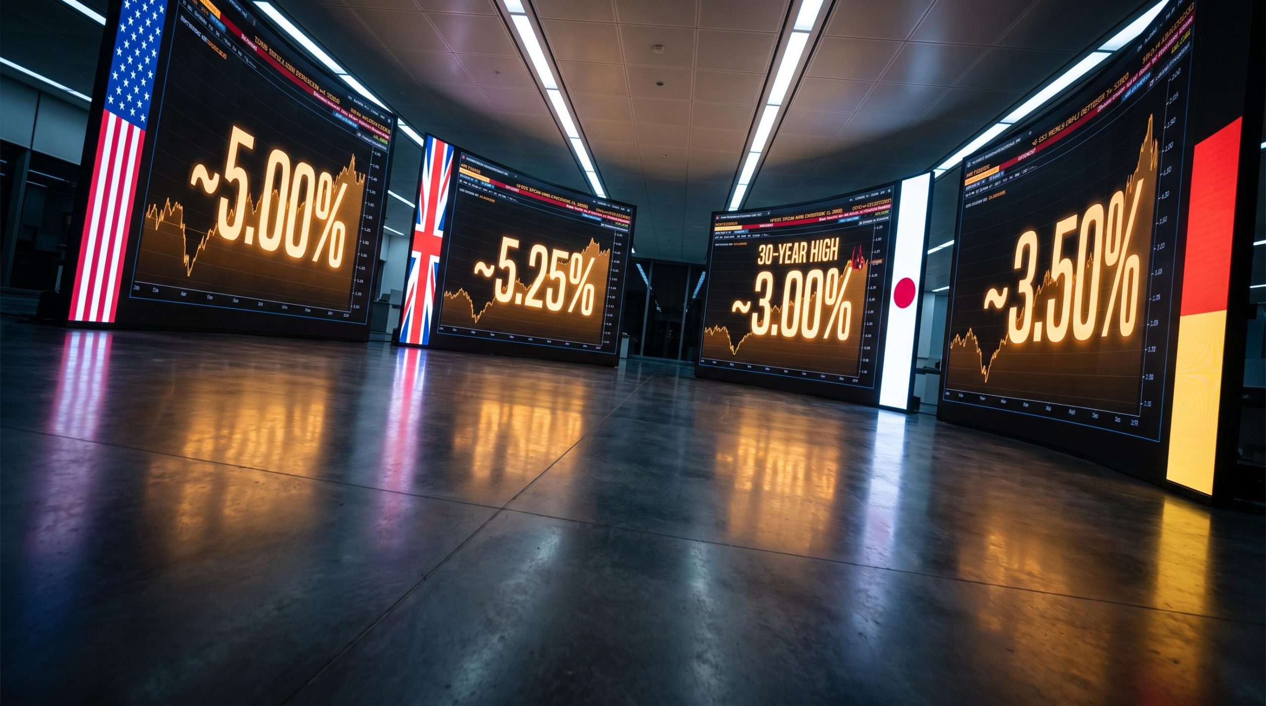 Four sovereign bond market screens showing simultaneous yield highs — the global bond market reset visualised