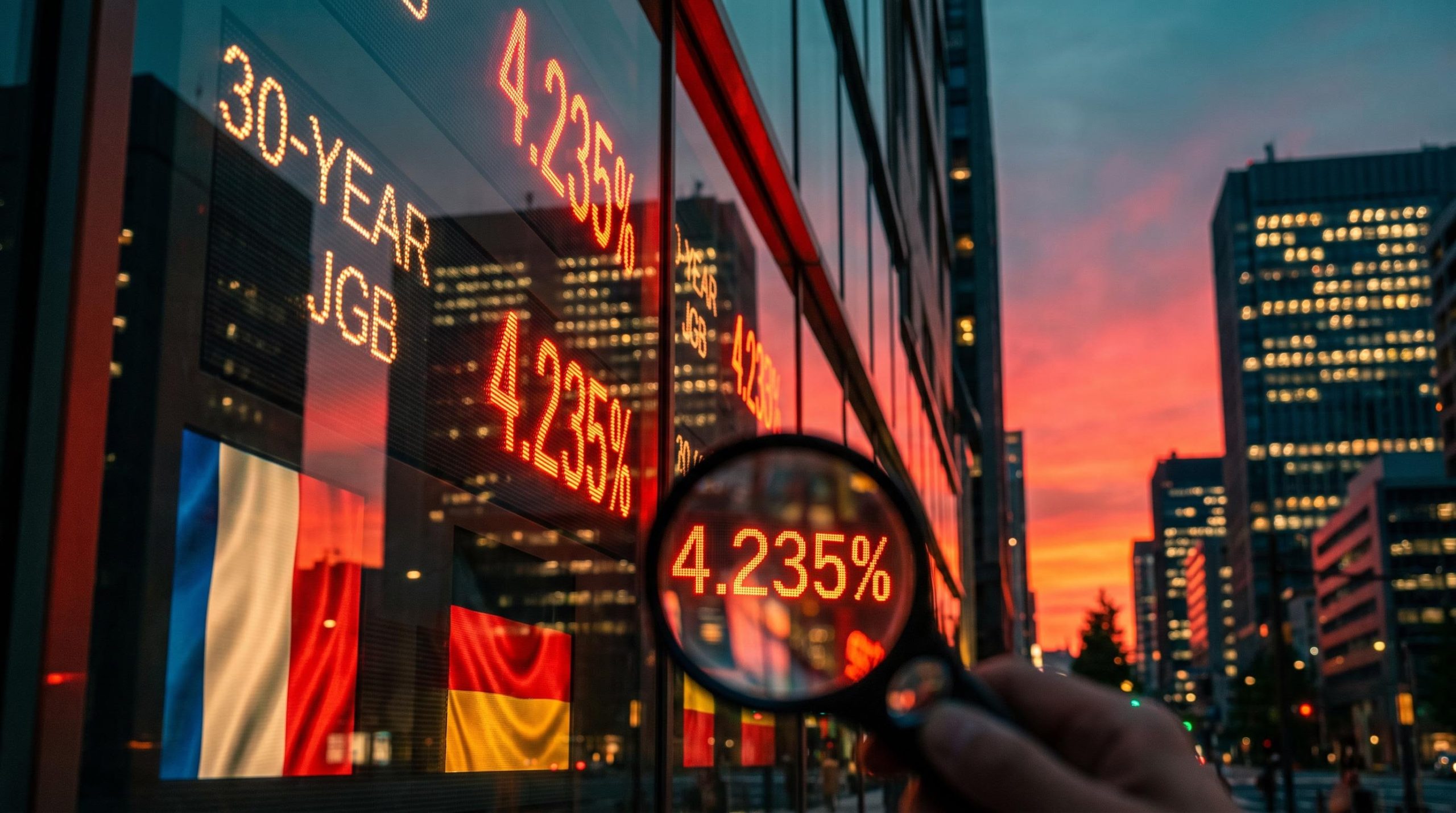 Tokyo rate board showing 4.235% 30-year JGB yield under a loupe, symbolising global bond market stress