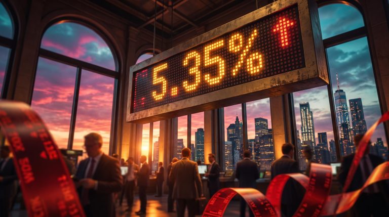 Trading-floor ticker board glowing 5.35% against a vivid sunset skyline, symbolising the global bond sell-off