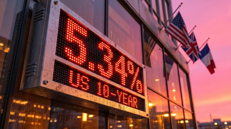 Red LED board showing 5.34% against US, UK and French flags at dusk, symbolising the global bond selloff