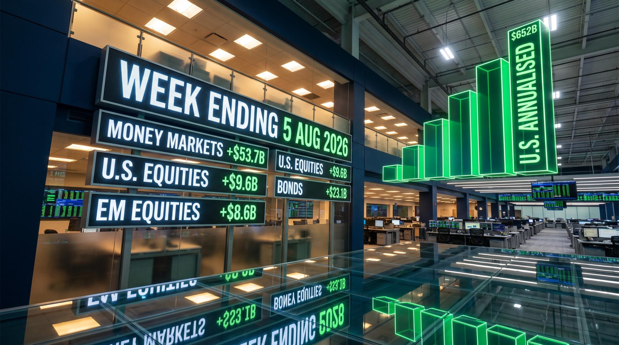 Global capital flow data wall showing $53.7B money market and $652B U.S. equity annualised inflows, week ending 5 Aug 2026