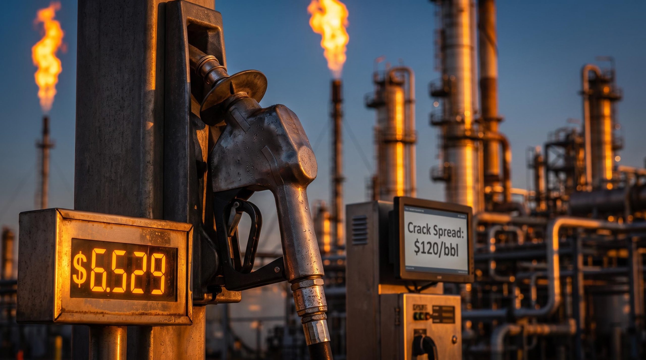 Diesel pump showing $6.529 price record with crack spread above $120/bbl amid global diesel crisis
