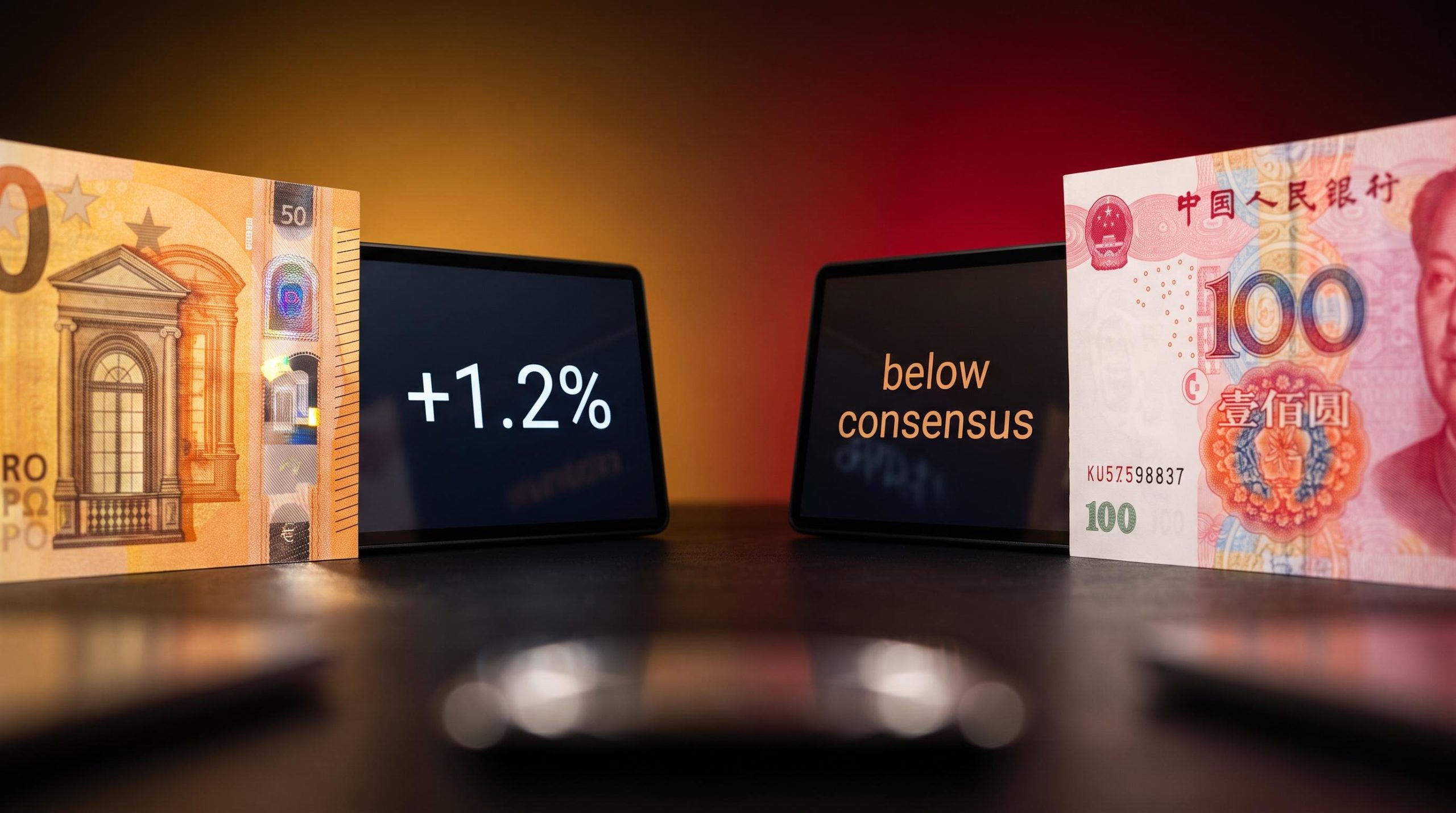 Euro and yuan banknotes in split-frame composition illustrating global economic growth divergence between Europe and Asia