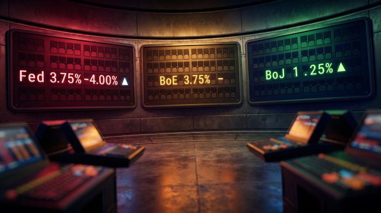 Three central bank rate decision boards — Fed, BoE, BoJ — showing diverging September 2026 policy moves on a trading floor