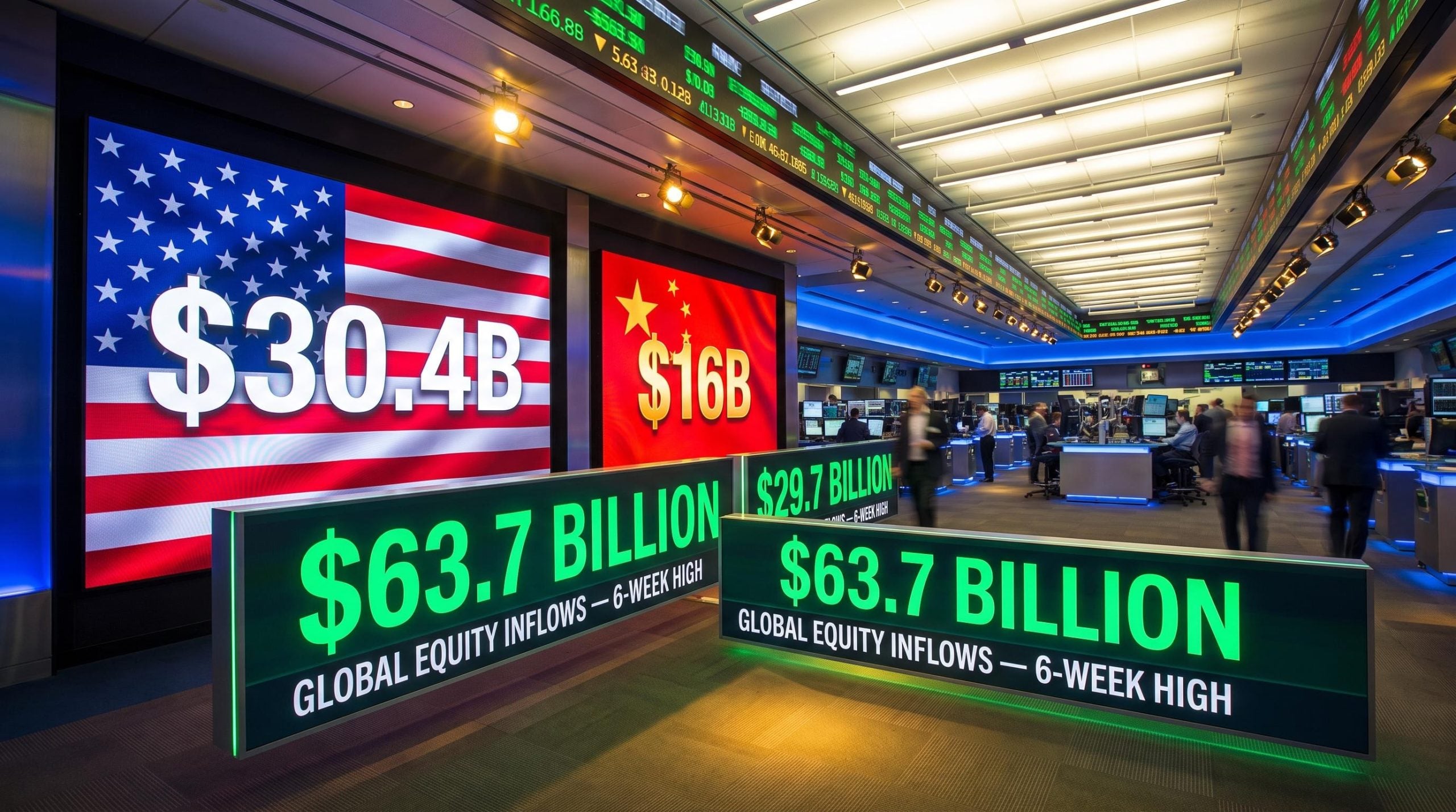 Global equity fund flows hit $63.7B six-week high with US and China absorbing 73% of capital