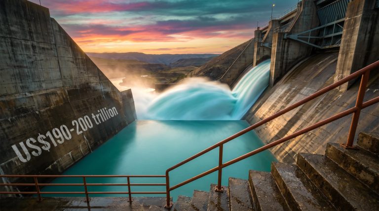 Dam spillway with US$190-200 trillion stencilled on the wall, illustrating the global liquidity cycle's slowing momentum