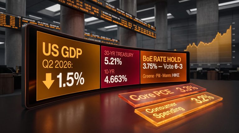 Triple macro signal dashboard showing US GDP 1.5%, 30-yr Treasury 5.21%, and BoE hold 6-3 vote on 30 July 2026
