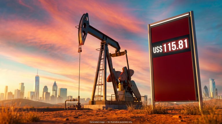 Oil pump jack at sunrise beside a Brent price board reading US$115.81 in a global markets wrap ahead of the Fed decision