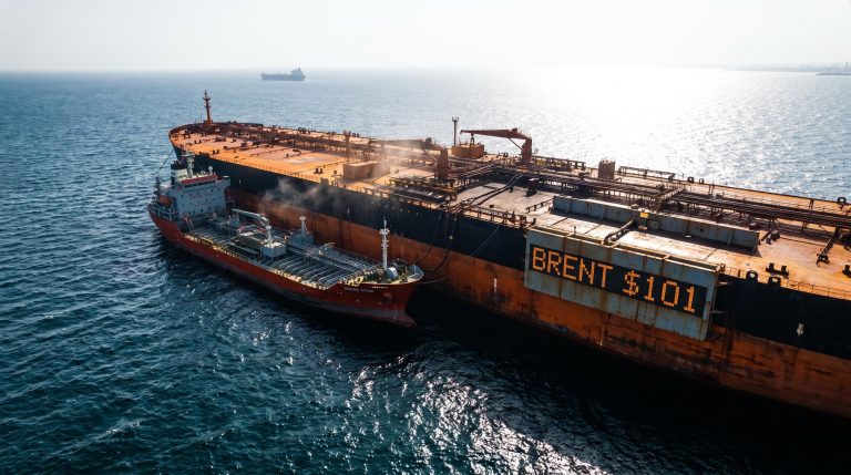 Supertanker ship-to-ship crude transfer in Gulf of Oman as global oil market squeeze lifts Brent above $101