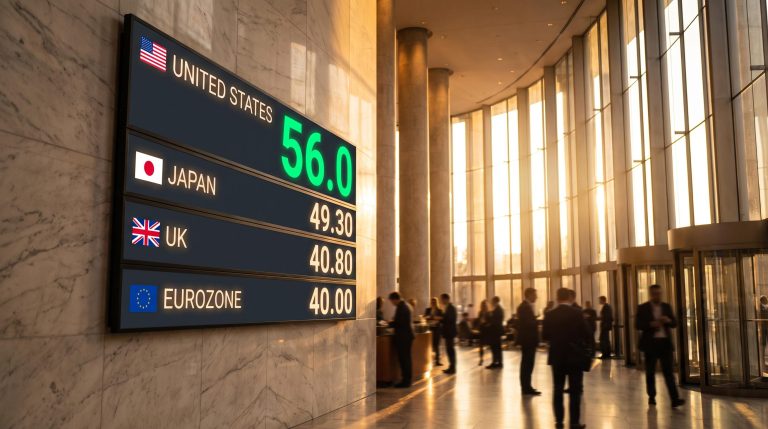 Illuminated global PMI data board showing US reading of 56.0 in a grand financial exchange atrium