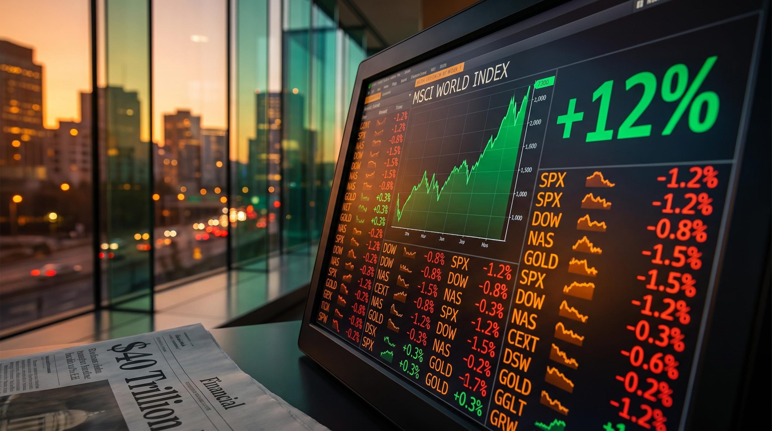 MSCI World index surging to +12% YTD on trading terminal screen as global stock market Q3 2026 defies five major headwinds