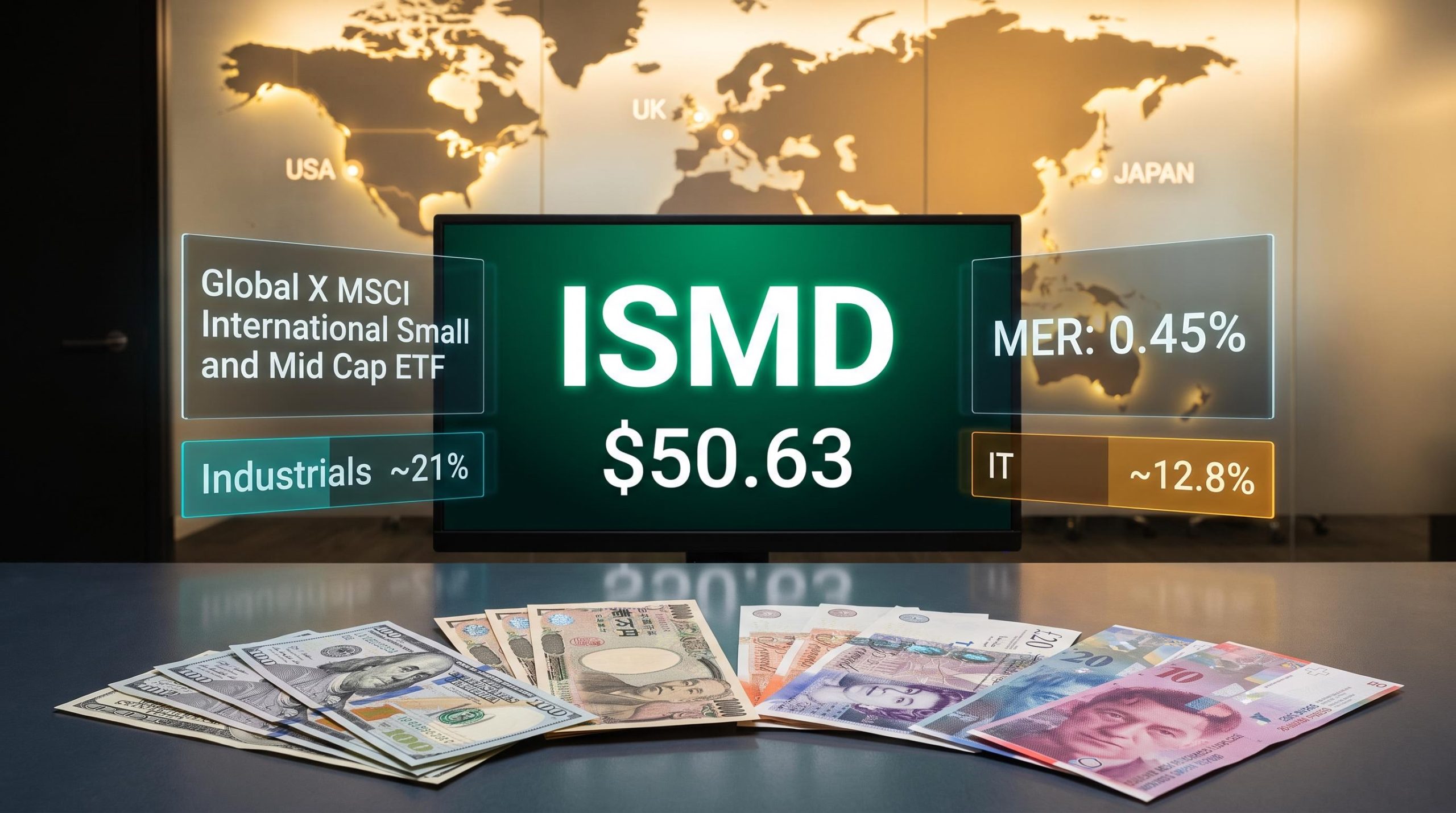 ASX screen showing ISMD ticker at $50.63 with global currency notes and sector weighting data panels on launch day