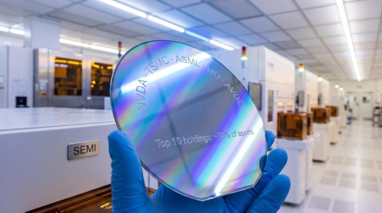 Silicon wafer refracting cleanroom light with SEMI ETF supply chain holdings etched into its surface