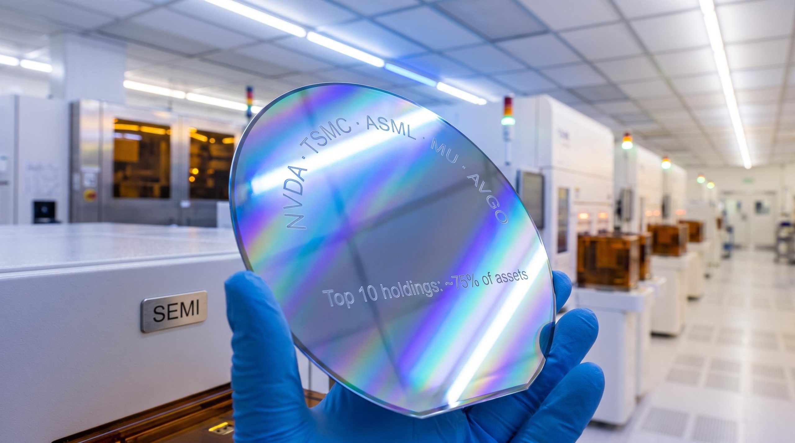 Silicon wafer refracting cleanroom light with SEMI ETF supply chain holdings etched into its surface