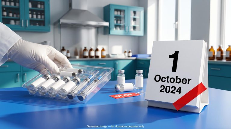 Calendar page showing 1 October 2024 beside pharmacy vials, marking the end of GLP-1 compounding in Australia