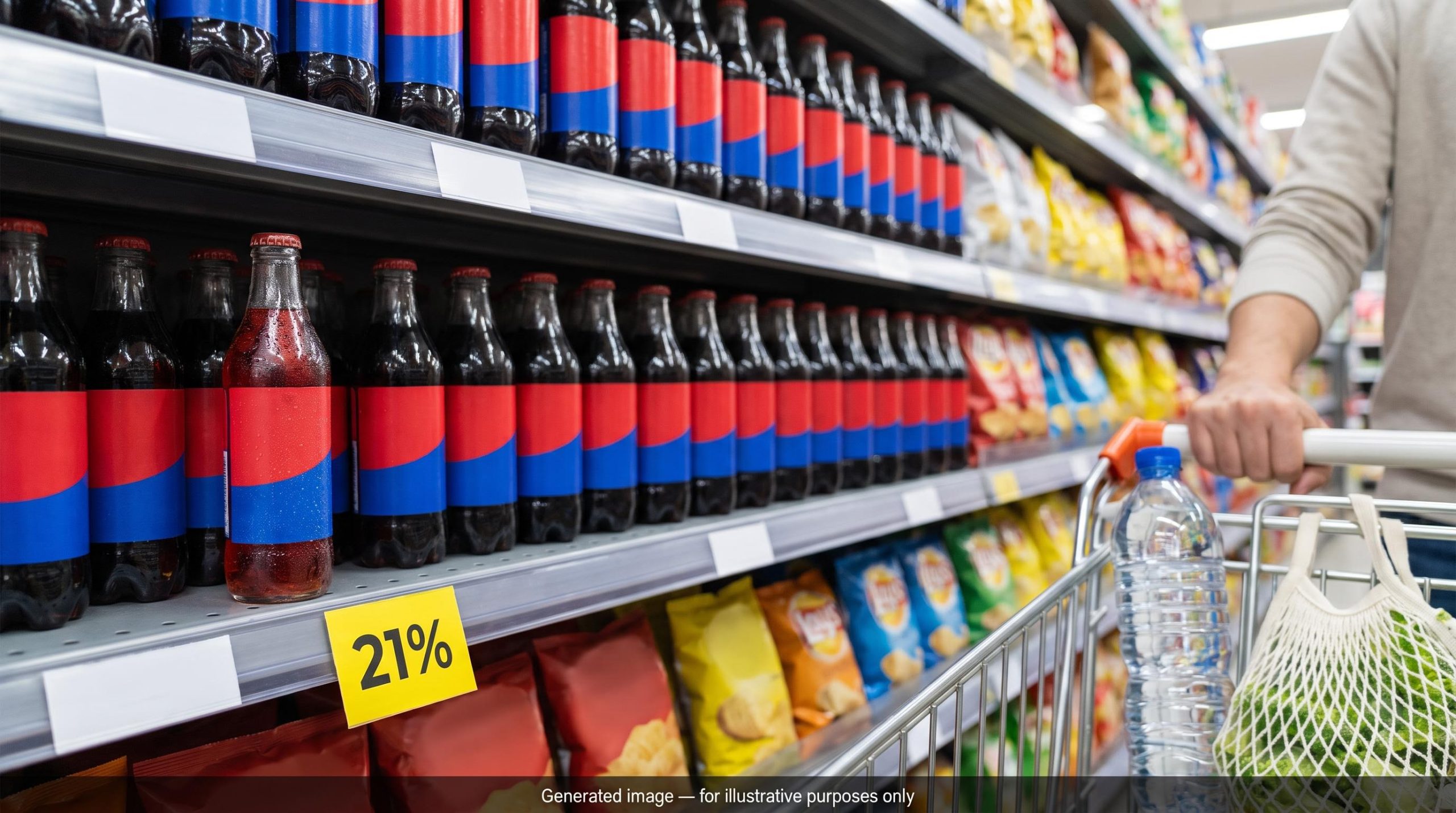 Full supermarket soda shelf with a "21%" price tag, illustrating GLP-1 weight loss drugs stocks and falling beverage volumes