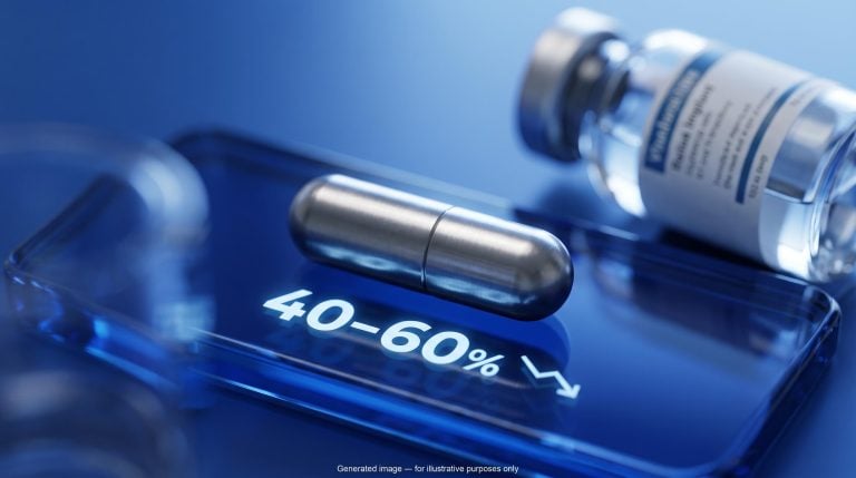 Miniature semaglutide implant device beside injectable vial with 40-60% adherence data overlay — GLP-1 investments analysis