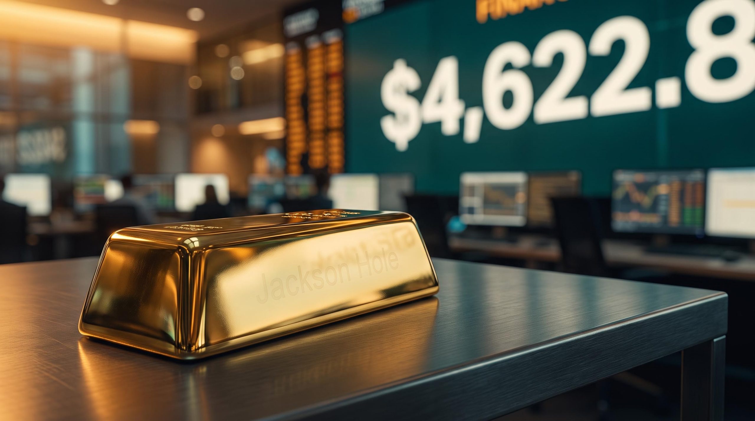 Gold bar reflecting $4,622.8 price surge as commodity market analysis points to Jackson Hole as the rally's key test
