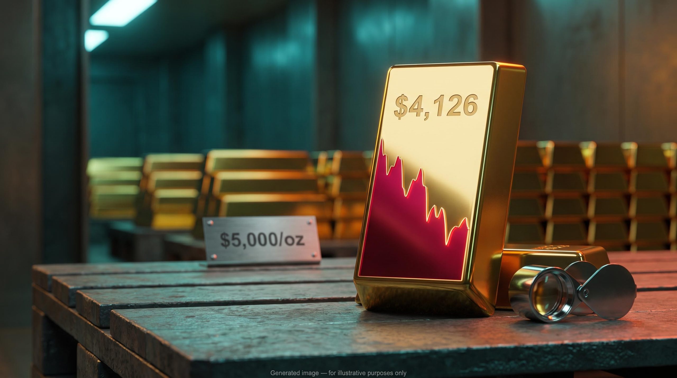 Gold bar stamped $4,126 in a bright vault, reflecting a falling chart, tied to the gold bull run 2027 outlook