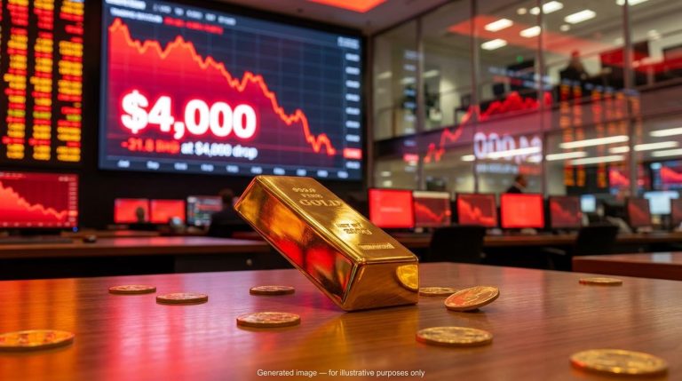 Gold bar on a trading desk before red screens showing $4,000 as the market sell-off deepens