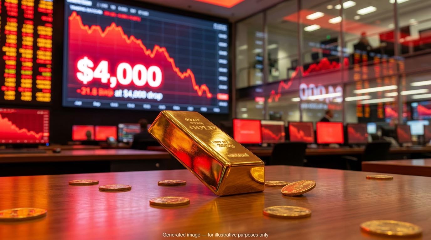 Gold bar on a trading desk before red screens showing $4,000 as the market sell-off deepens