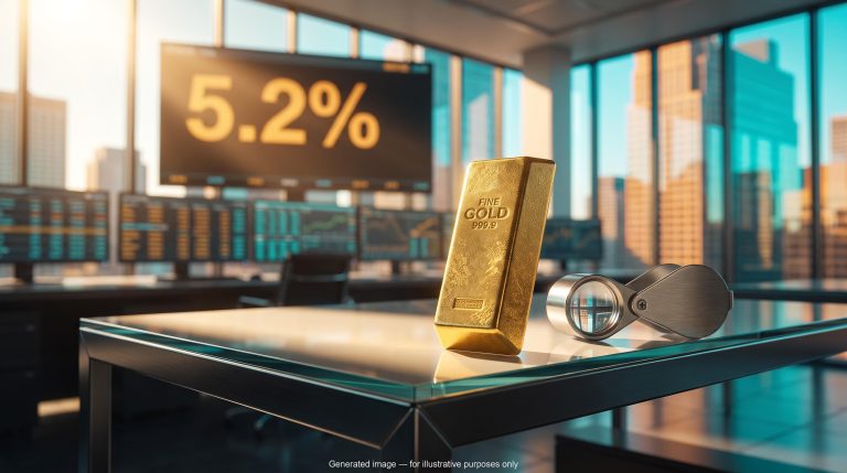 Gold bar in front of trading screens showing a 5.2% Treasury yield, illustrating gold and bond yields pressure