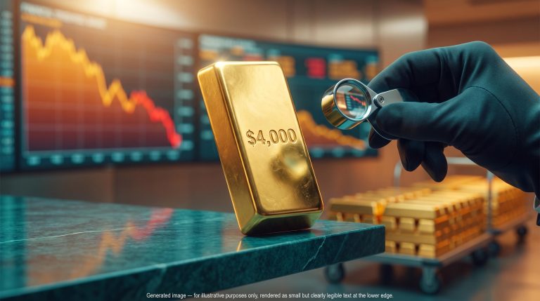Gold bar etched "$4,000" under a magnifying lens as screens show a price fall, questioning the gold bull market