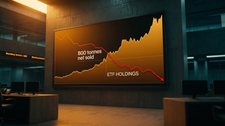 Gold price chart surging while ETF outflow line plunges — the gold bull market paradox of 800 tonnes sold