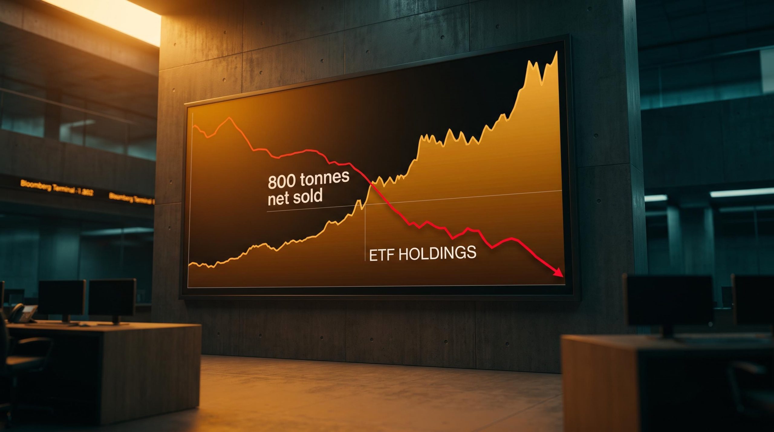 Gold price chart surging while ETF outflow line plunges — the gold bull market paradox of 800 tonnes sold