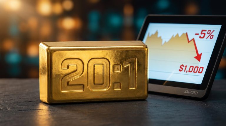 Engraved 20:1 gold bullion bar beside a trading screen showing a 5% drop — gold CFD leverage Australia
