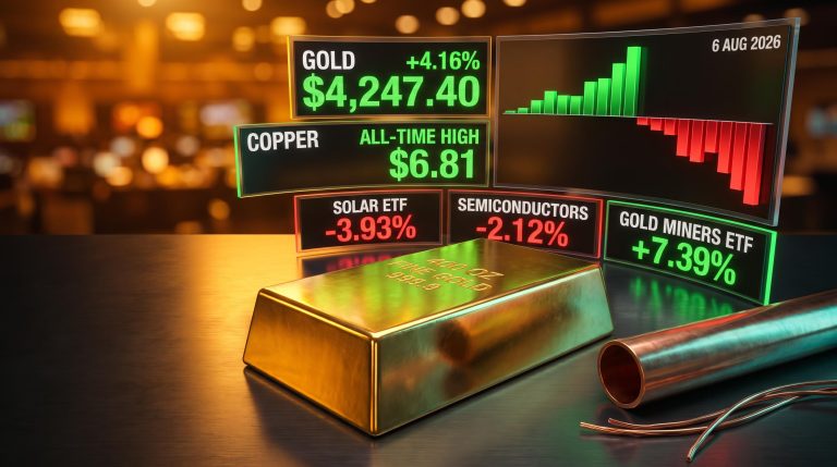 Gold bar and copper beside data screens showing gold 4.16% at $4,247.40 and copper all-time high $6.81 on 6 Aug 2026