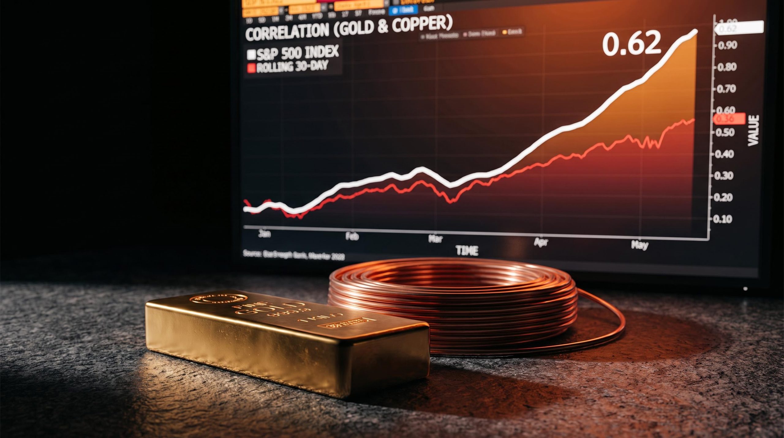 Gold bar and copper spool against a correlation chart showing 0.62 equity correlation — metals as stock market proxies