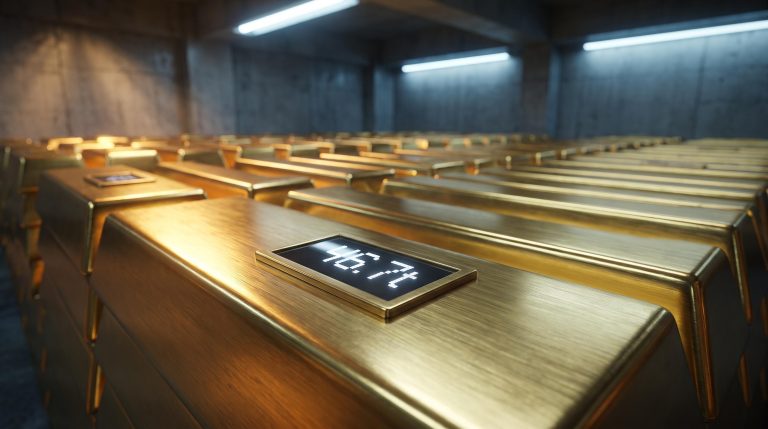 Gold bullion vault stacked with bars displaying 46.7t inflow readout as gold ETF flows signal institutional conviction