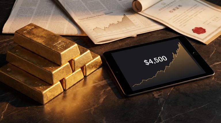 Physical gold bars beside a screen showing $4,500 price level, Eastern and Western documents framing the gold investment outlook