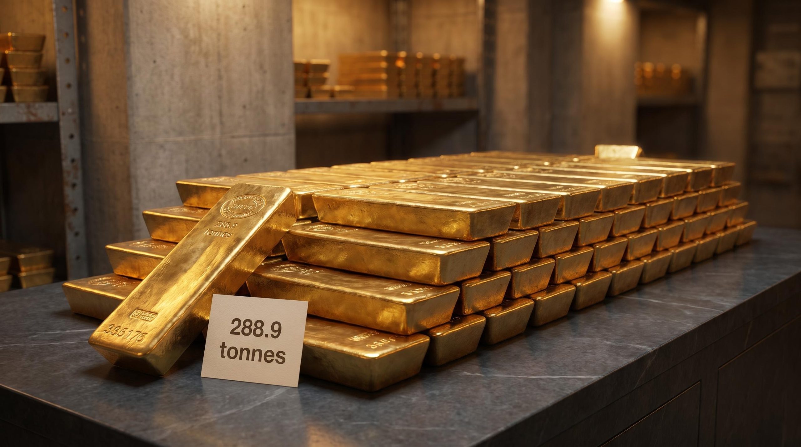 Gold bullion bars with 288.9 tonne central bank purchase figure — structural gold investment thesis analysis