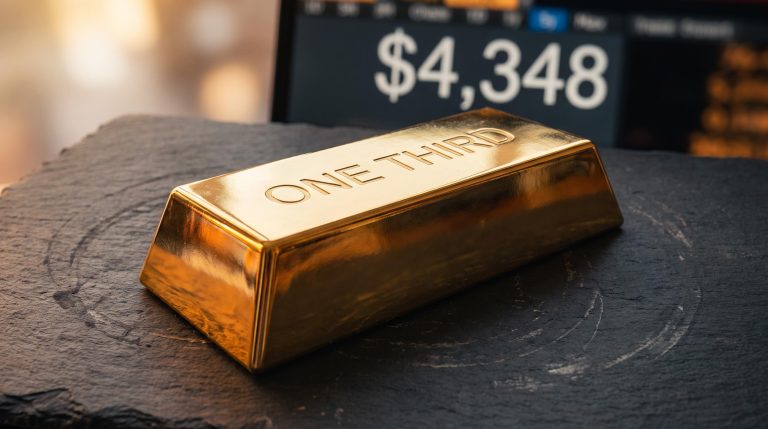 Gold bullion bar stamped 'ONE THIRD' with $4,348 price terminal — fund manager's precious metals concentration thesis