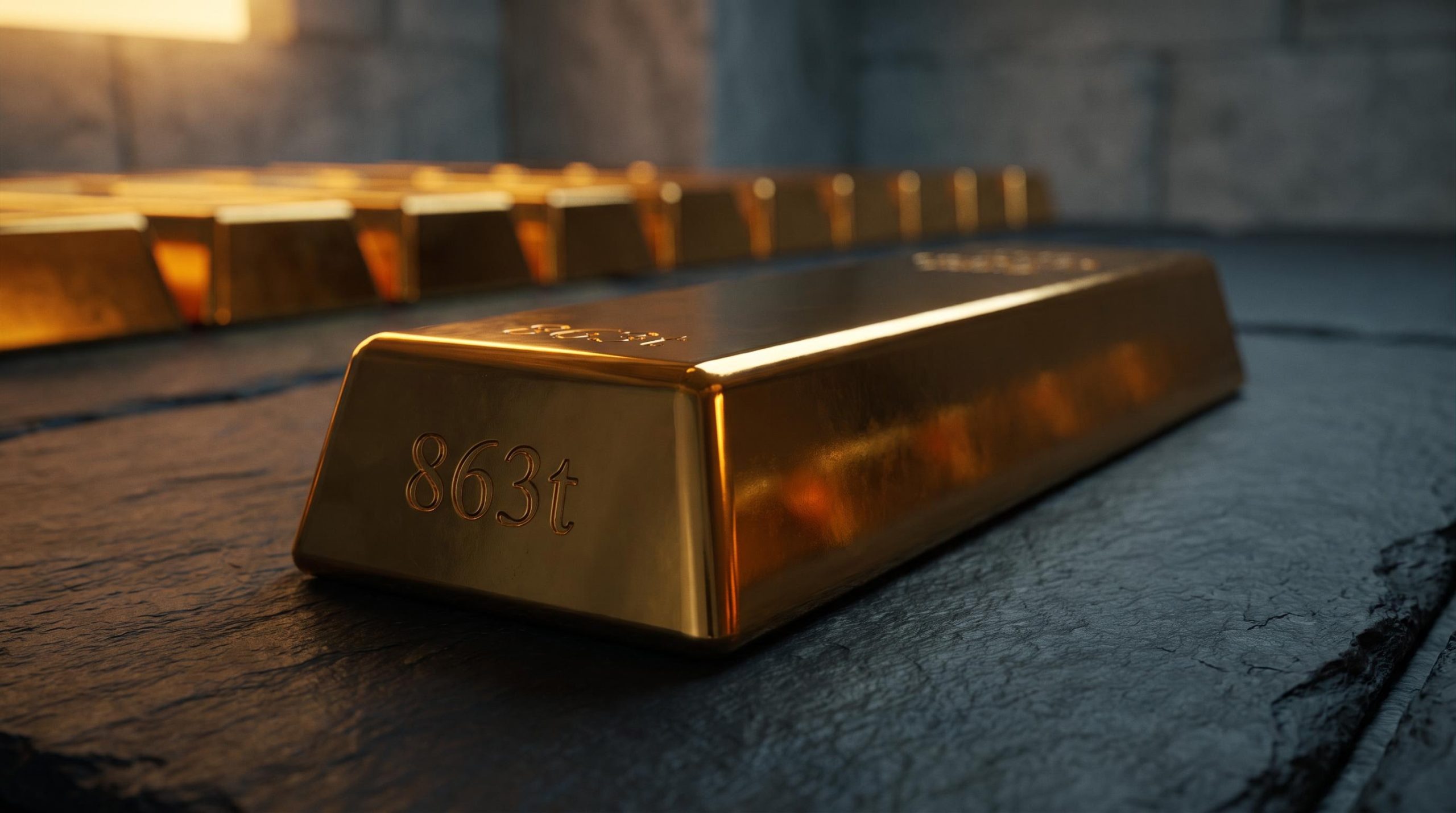Gold bar stamped with 863t in institutional vault, representing central bank gold portfolio diversification strategy