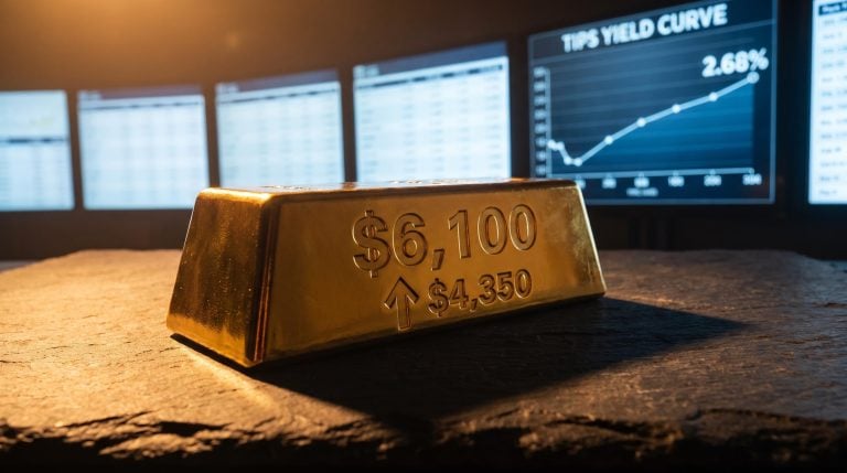Gold bar engraved with $6,100 Bernstein 2030 target beside a 2.68% TIPS real yield screen