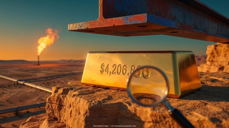 Gold bar stamped $4,206.86 under a steel ceiling plate at sunset, showing the gold price squeezed by Fed rate pressure